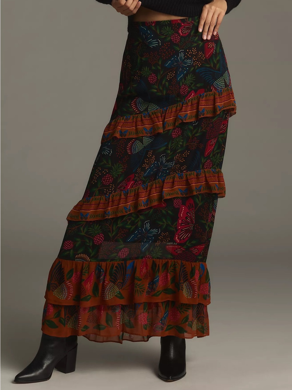 Farm Rio Anthropologie Garden Tiered Maxi Skirt in Black